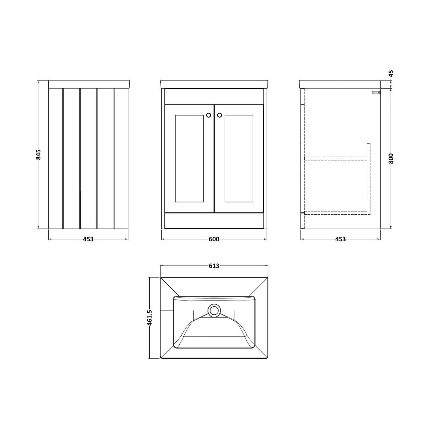 [BFHE825K] Balterley 600mm Floor Standing 2 Door Unit with Minimalist Basin No Tap Hole - Satin Green - Technical Drawing