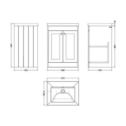 [BFHE825K] Balterley 600mm Floor Standing 2 Door Unit with Minimalist Basin No Tap Hole - Satin Green - Technical Drawing