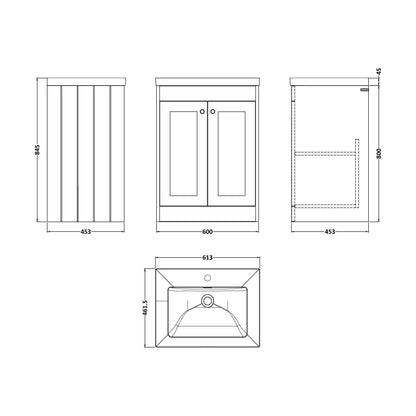 [BFHE825L] Balterley 600mm Floor Standing 2 Door Unit with Minimalist Basin 1 Tap Hole - Satin Green - Technical Drawing