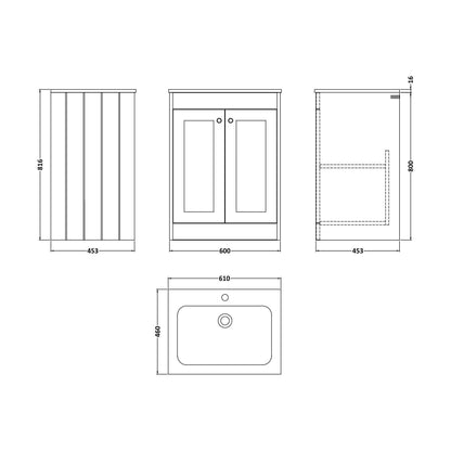 [BFHE825Q] Balterley 600mm Floor Standing 2 Door Unit & Stone Basin 1 Tap Hole - Satin Green - Technical Drawing