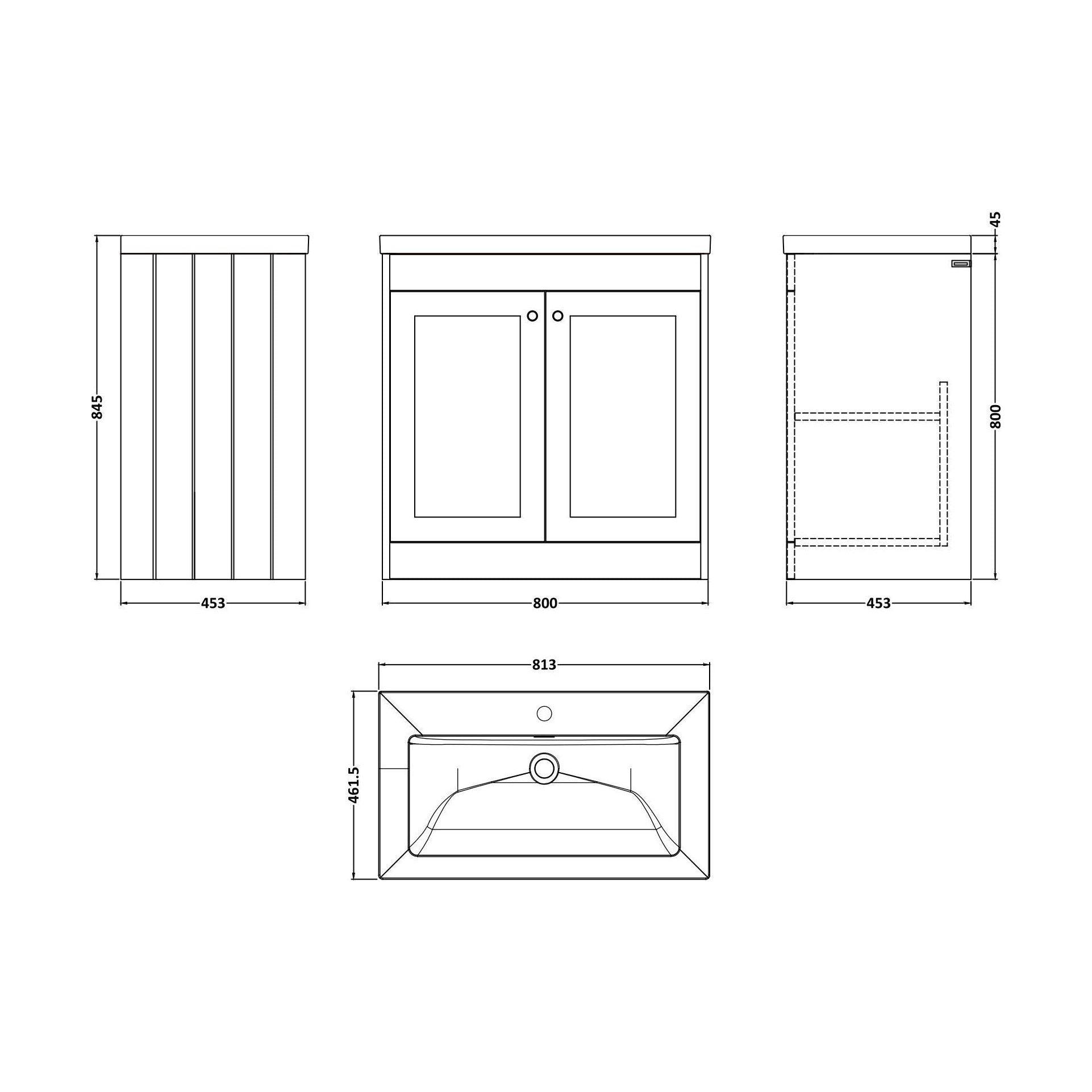 [BFHE826L] Balterley 800mm Floor Standing 2 Door Unit with Minimalist Basin 1 Tap Hole, Satin Green - Technical Drawing