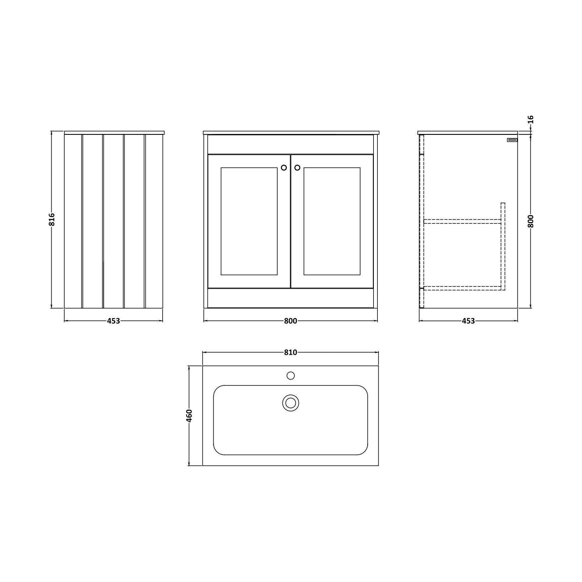 [BFHE826P] Balterley 800mm Floor Standing 2 Door Unit with Stone Basin 1 Tap Hole - Satin Green - Technical Drawing