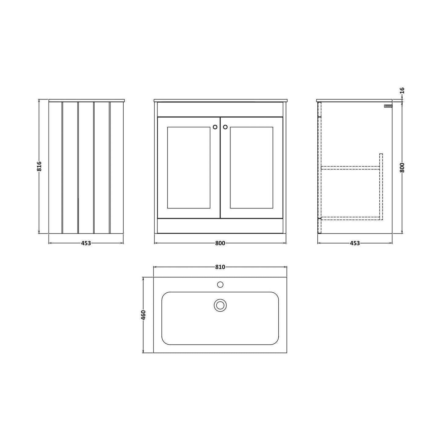 [BFHE826Q] Balterley 800mm Floor Standing 2 Door Unit & Stone Basin 1 Tap Hole - Satin Green - Technical Drawing