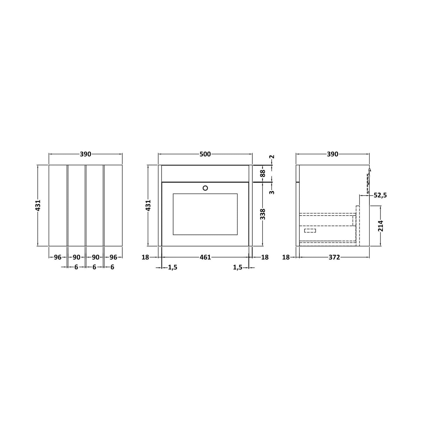 [BFHE891] 500 W/H 1-Drawer Unit (431x500x390) - Technical Drawing