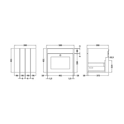 [BFHE891] 500 W/H 1-Drawer Unit (431x500x390) - Technical Drawing