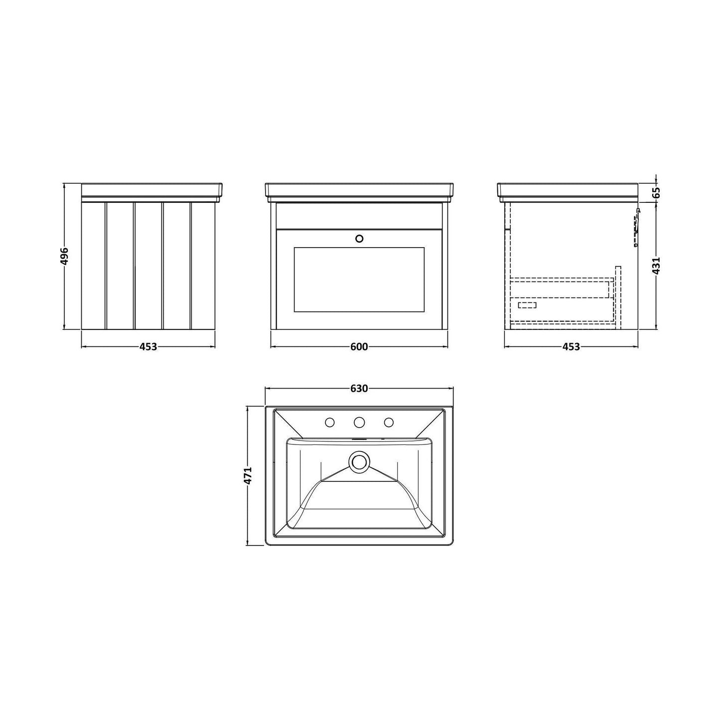 [BFHE894B] Balterley 600mm Wall Hung 1 Drawer Unit with Classic Basin 3 Tap Hole - Satin Green - Technical Drawing