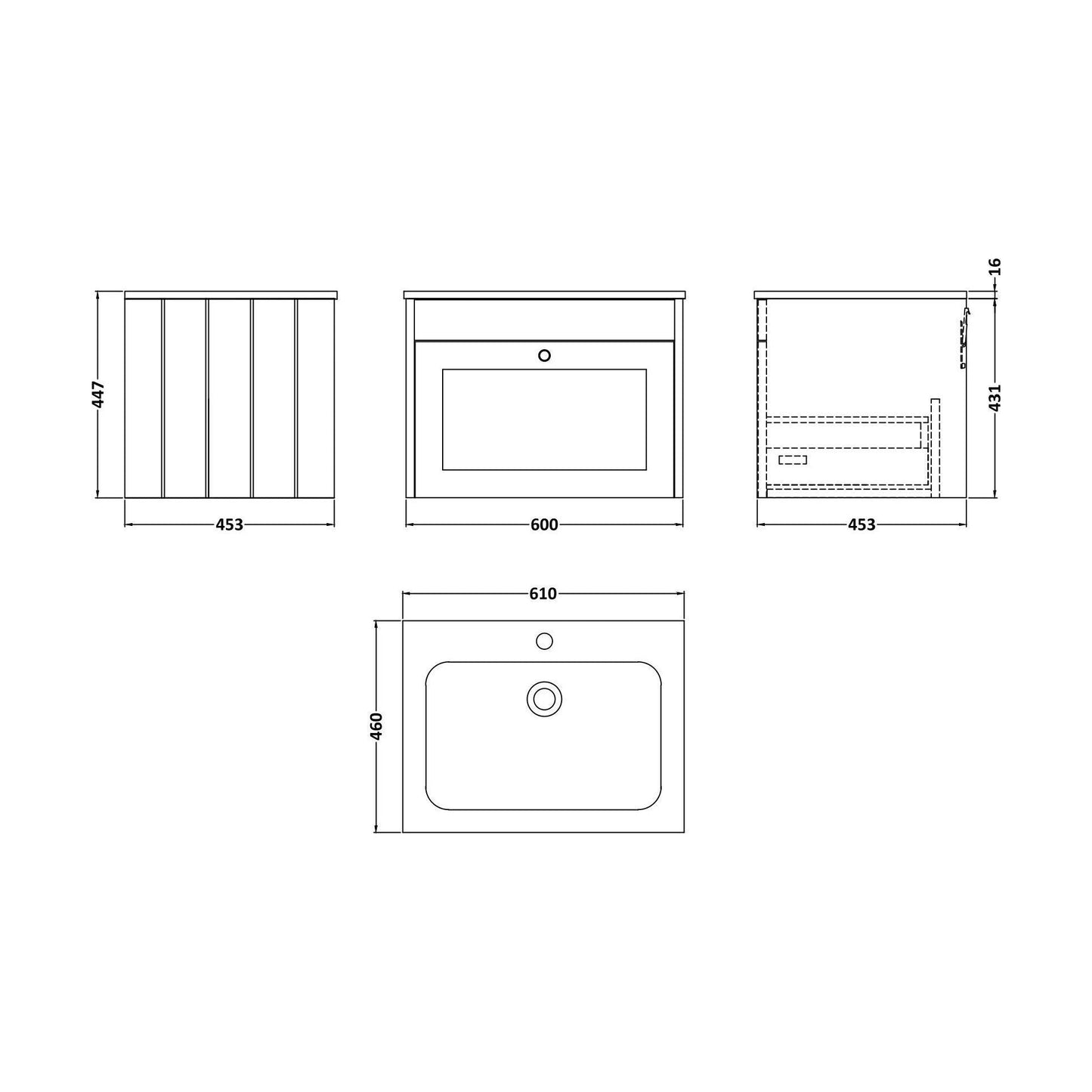 [BFHE894P] Balterley 600mm Wall Hung 1 Drawer Unit with Stone Basin 1 Tap Hole - Satin Green - Technical Drawing