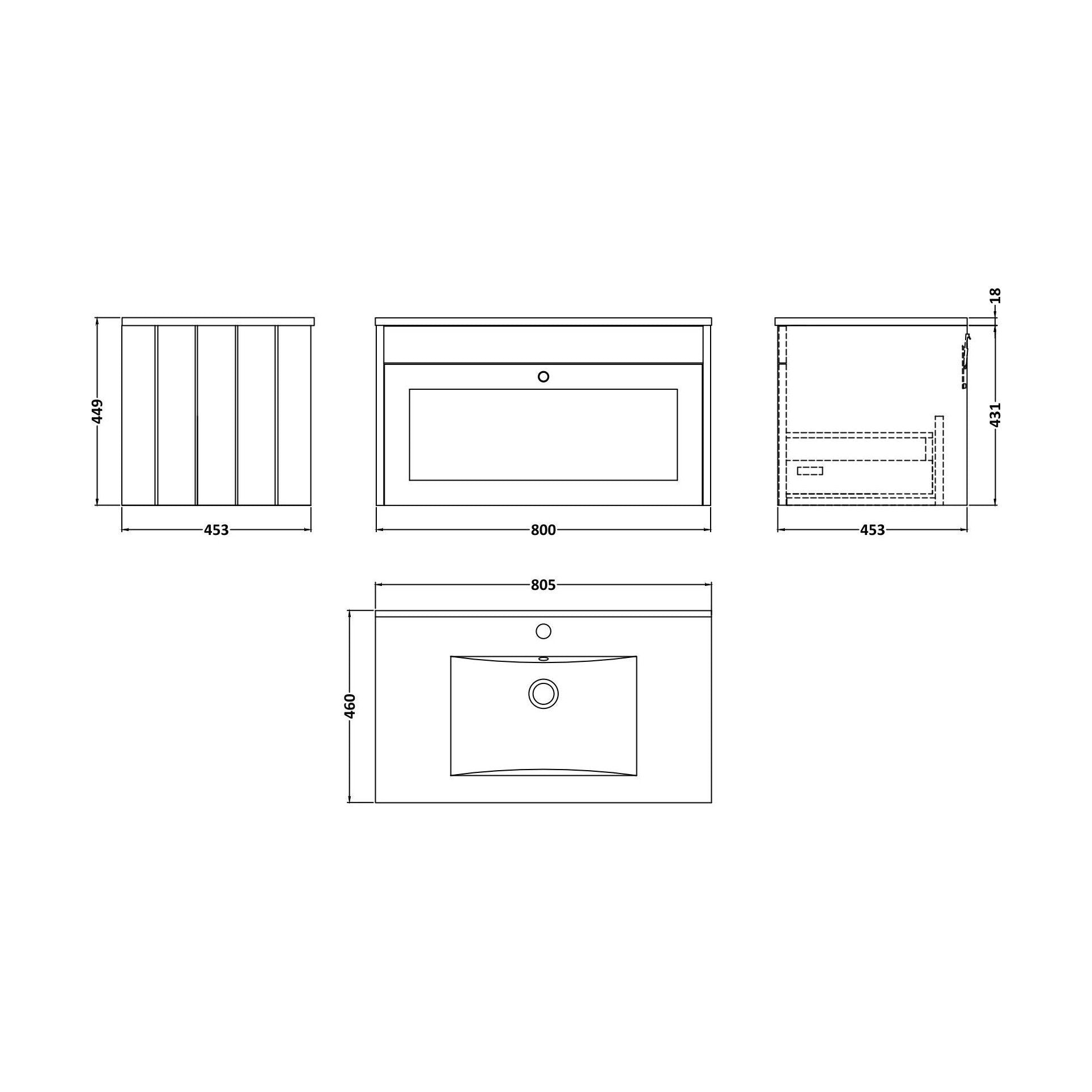 [BFHE896C] Balterley 800mm Wall Hung 1 Drawer Unit with Minimalist Basin 1 Tap Hole - Satin Green - Technical Drawing