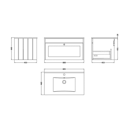 [BFHE896C] Balterley 800mm Wall Hung 1 Drawer Unit with Minimalist Basin 1 Tap Hole - Satin Green - Technical Drawing