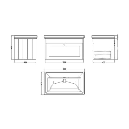 [BFHE896H] Balterley 800mm Wall Hung 1 Drawer Unit with Classic Basin No Tap Hole - Satin Green - Technical Drawing