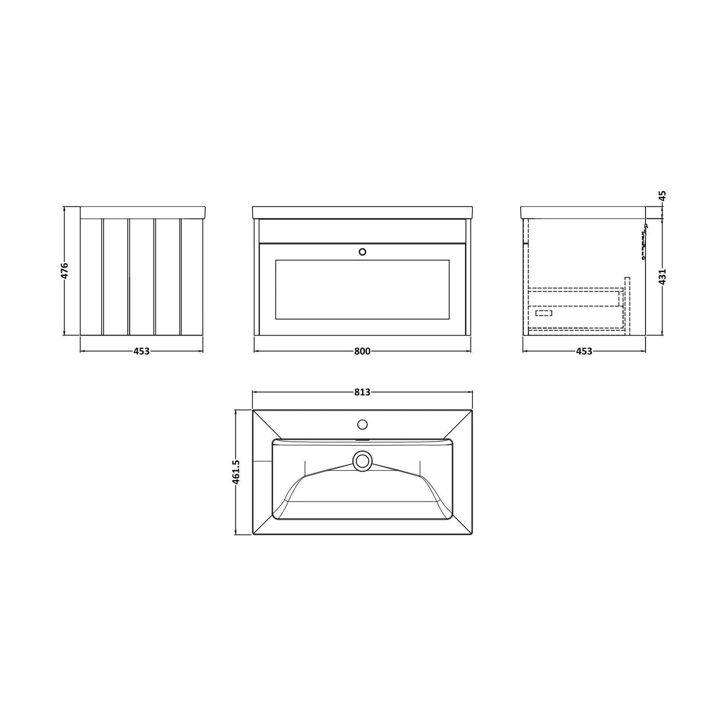 [BFHE896L] Balterley 800mm Wall Hung 1 Drawer Unit & Minimalist Basin 1 Tap Hole - Satin Green - Technical Drawing