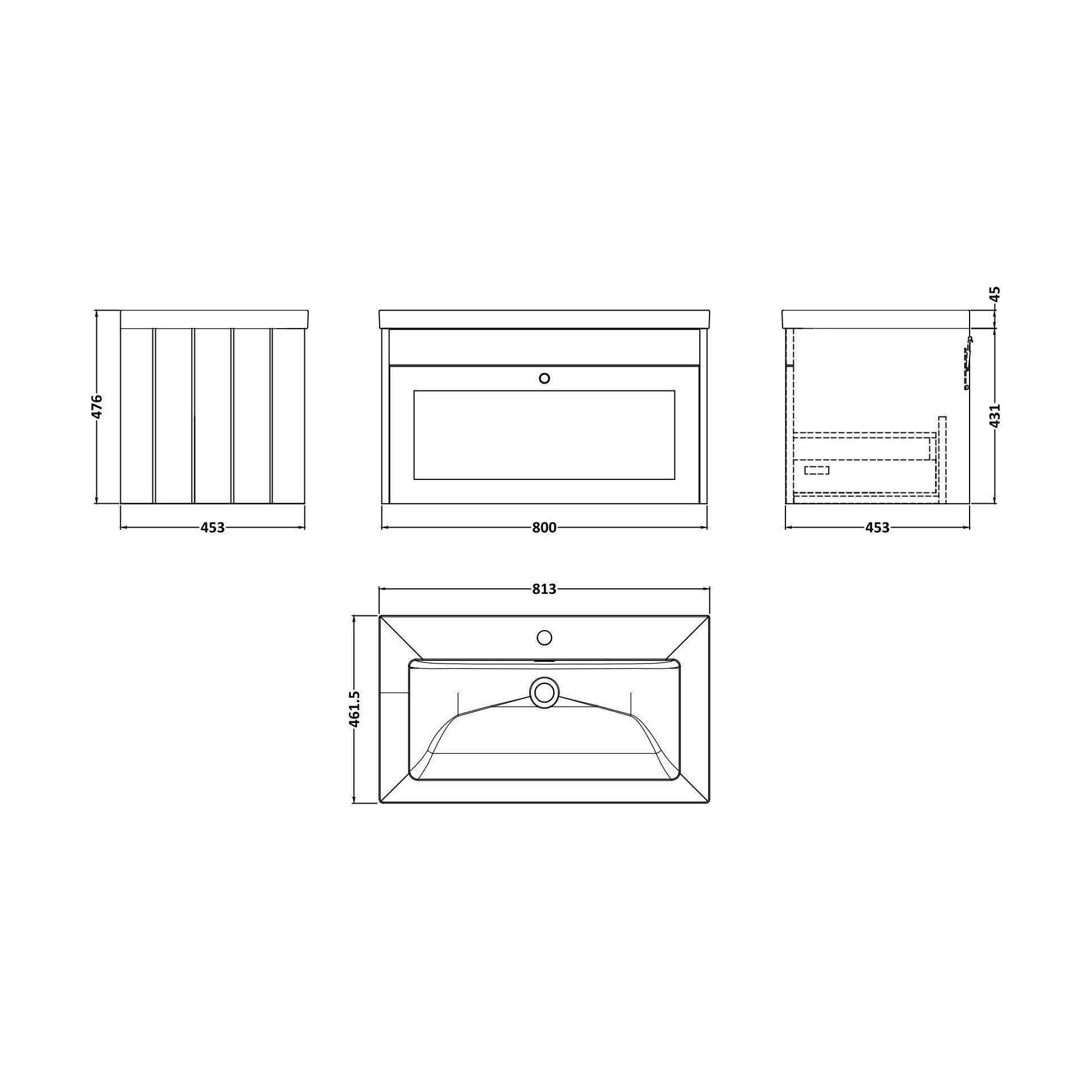 [BFHE896L] Balterley 800mm Wall Hung 1 Drawer Unit & Minimalist Basin 1 Tap Hole - Satin Green - Technical Drawing