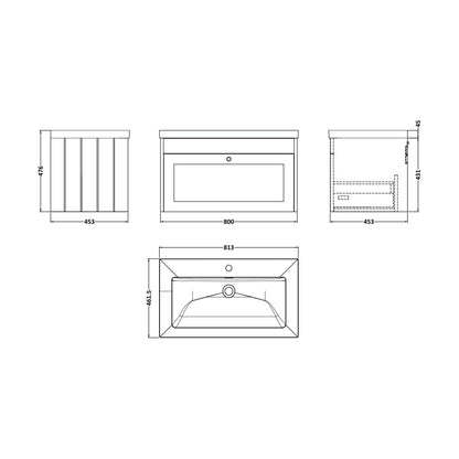 [BFHE896L] Balterley 800mm Wall Hung 1 Drawer Unit & Minimalist Basin 1 Tap Hole - Satin Green - Technical Drawing
