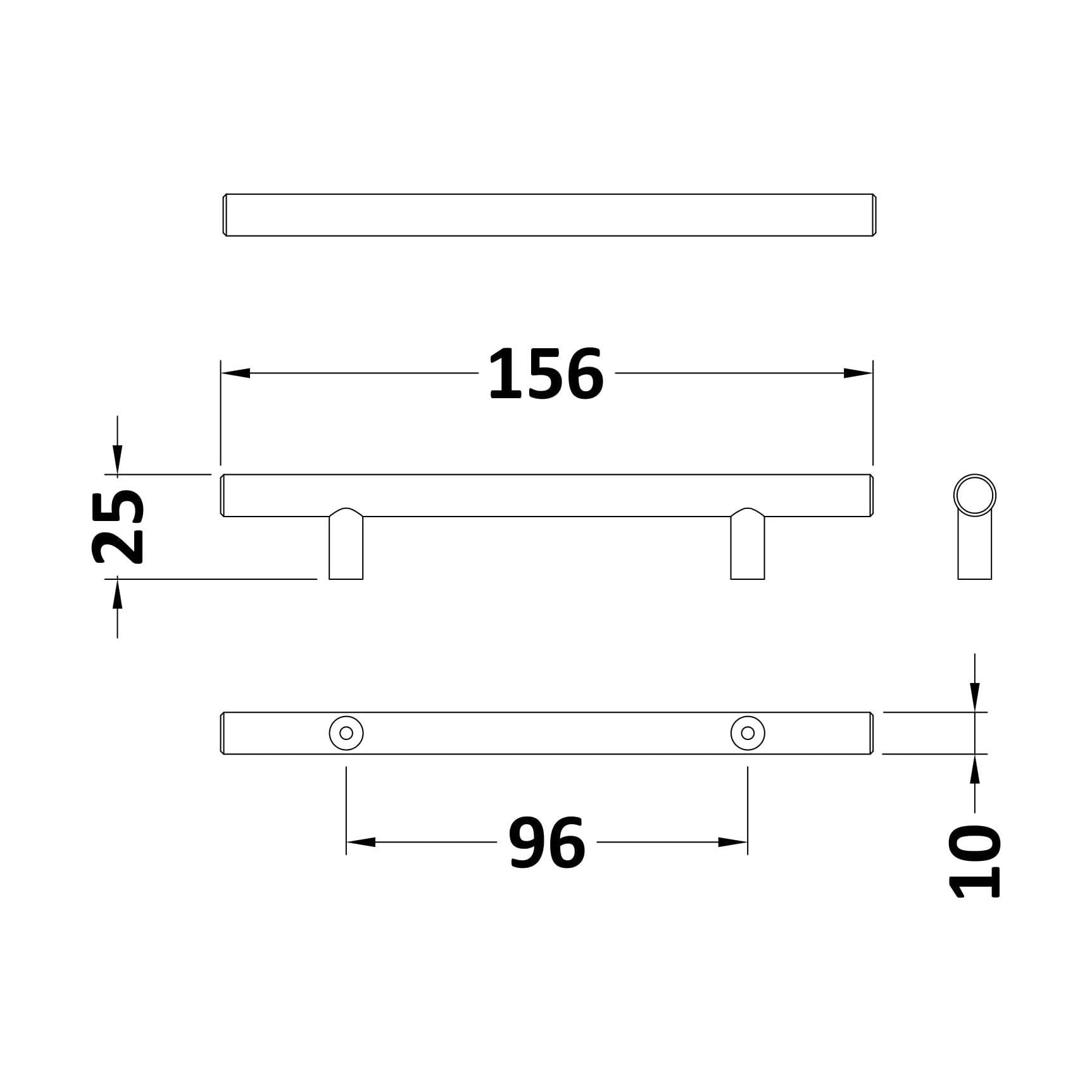 [BFHH001] Bar Handle, 156mm (96mm Centres) - Chrome - Technical Drawing