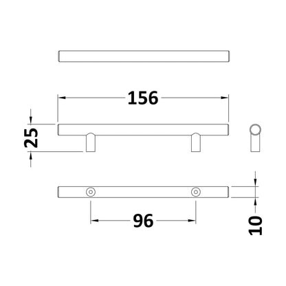 [BFHH001] Bar Handle, 156mm (96mm Centres) - Chrome - Technical Drawing