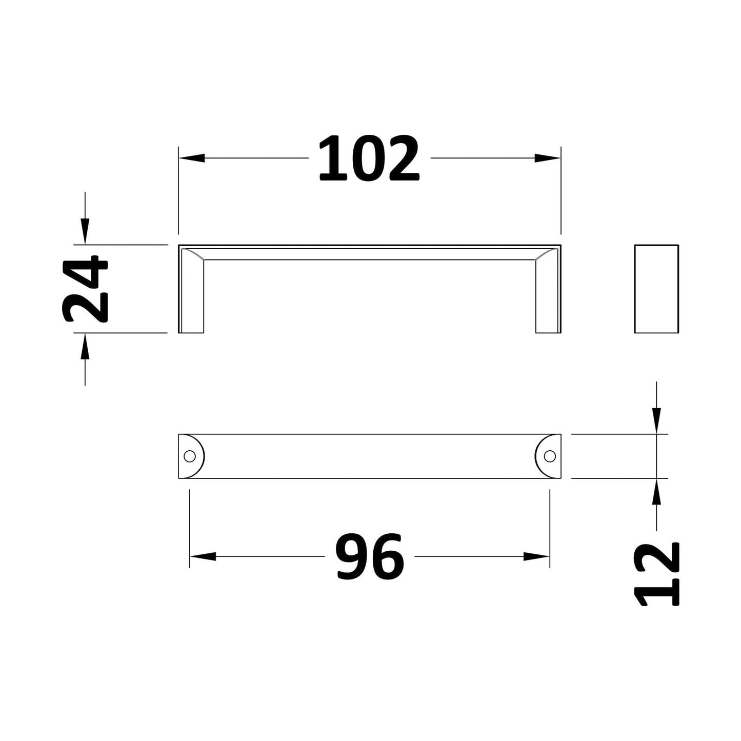 [BFHH002] Furniture Handle Square D Shape Handle, 102mm (96mm Centres) - Chrome - Technical Drawing