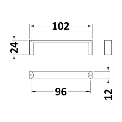 [BFHH002] Furniture Handle Square D Shape Handle, 102mm (96mm Centres) - Chrome - Technical Drawing