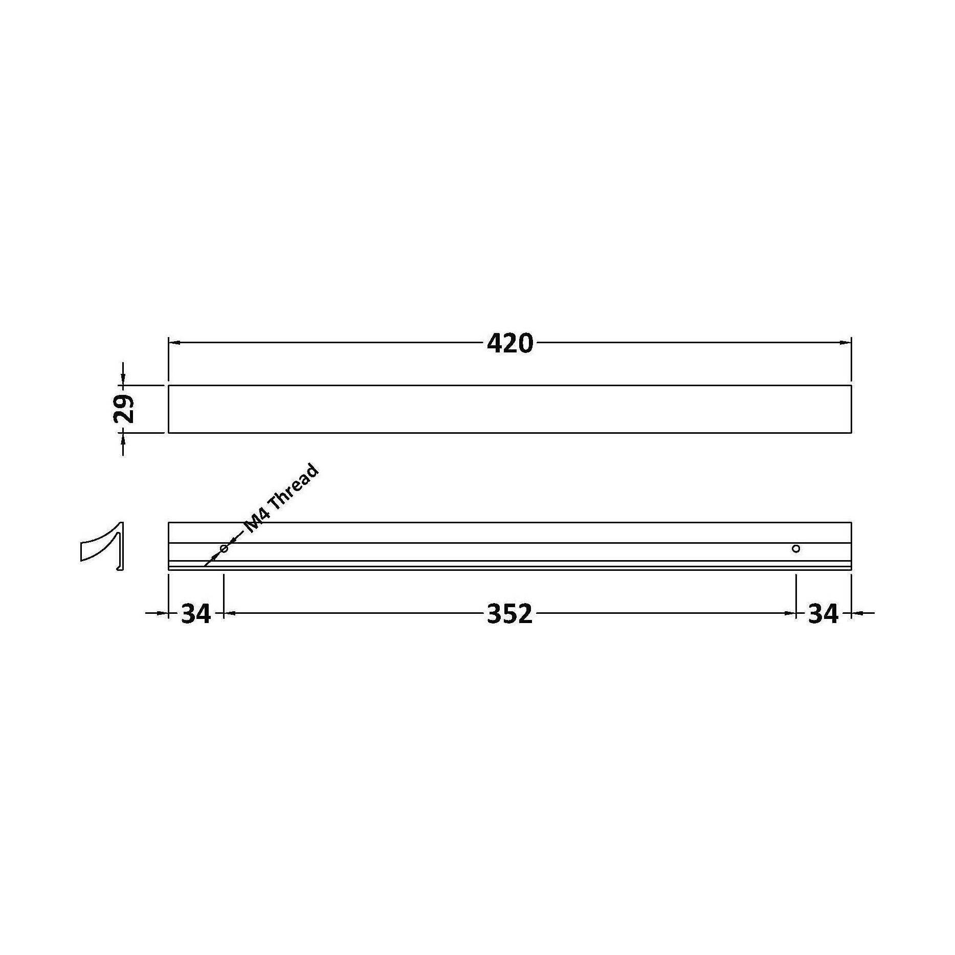 [BFHH007B] 7 Shaped Profile Handle, 420mm (352mm Centres) - Black - Technical Drawing