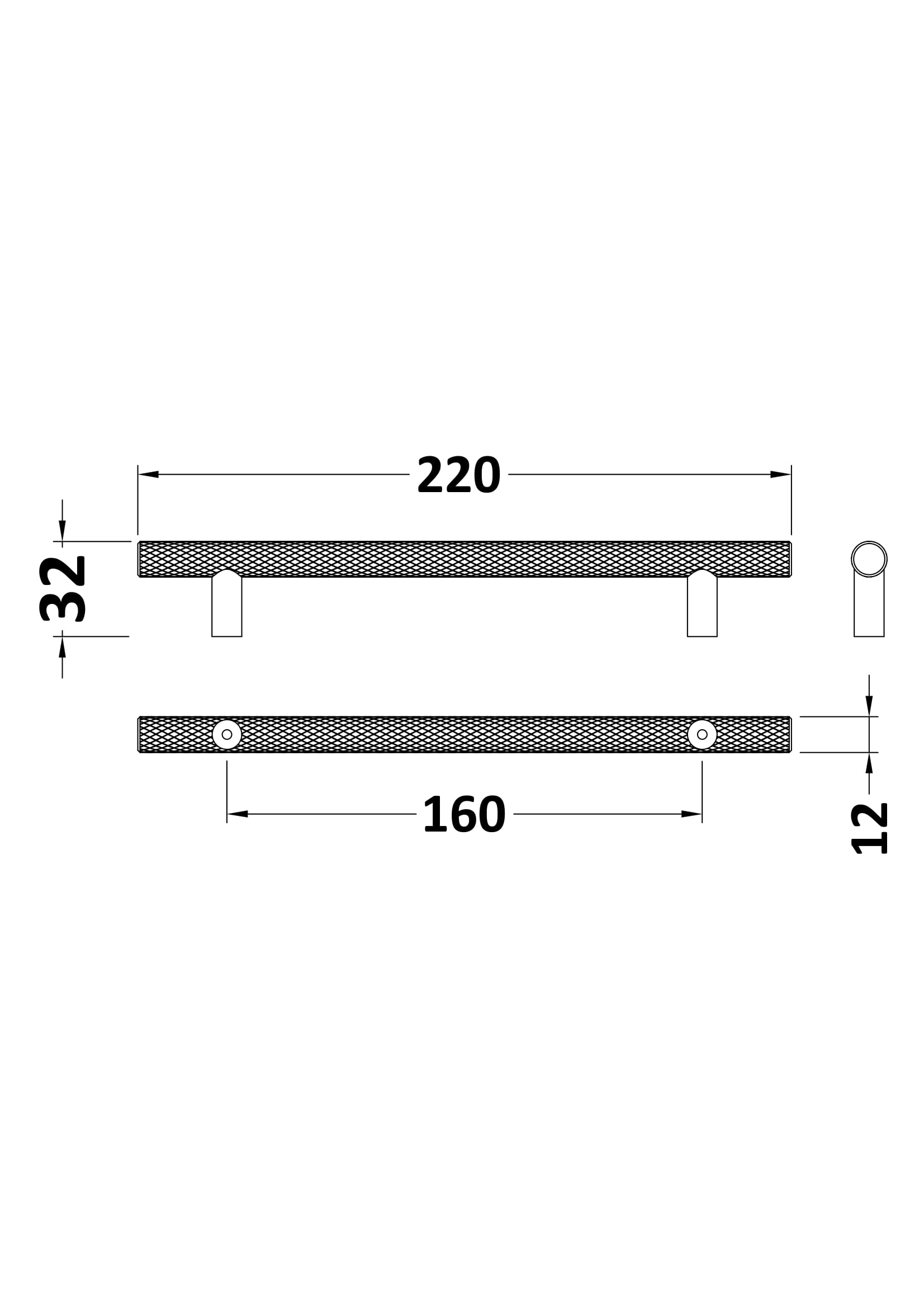 [BFHH011] Furniture Handle Textured Knurled Bar Handle, 220mm (160mm Centres) - Satin Chrome - Technical Drawing