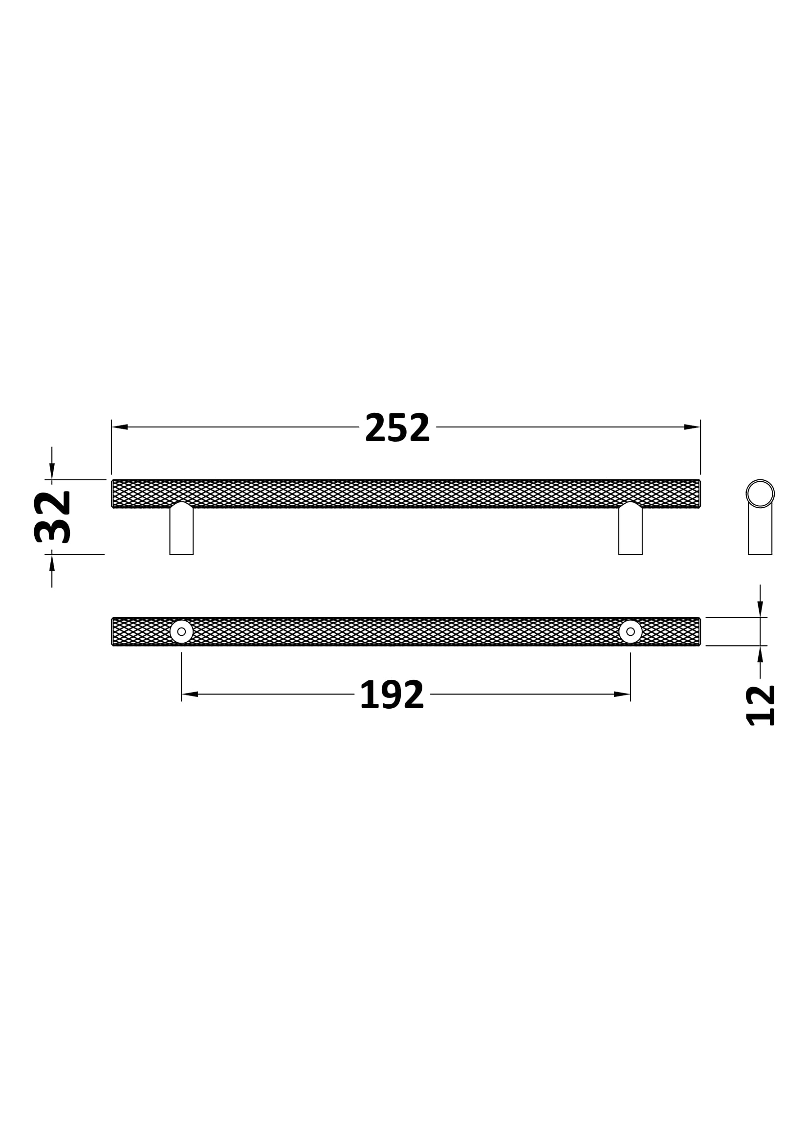 [BFHH012] Furniture Handle Textured Knurled Bar Handle, 252mm (192mm Centres) - Satin Chrome - Technical Drawing