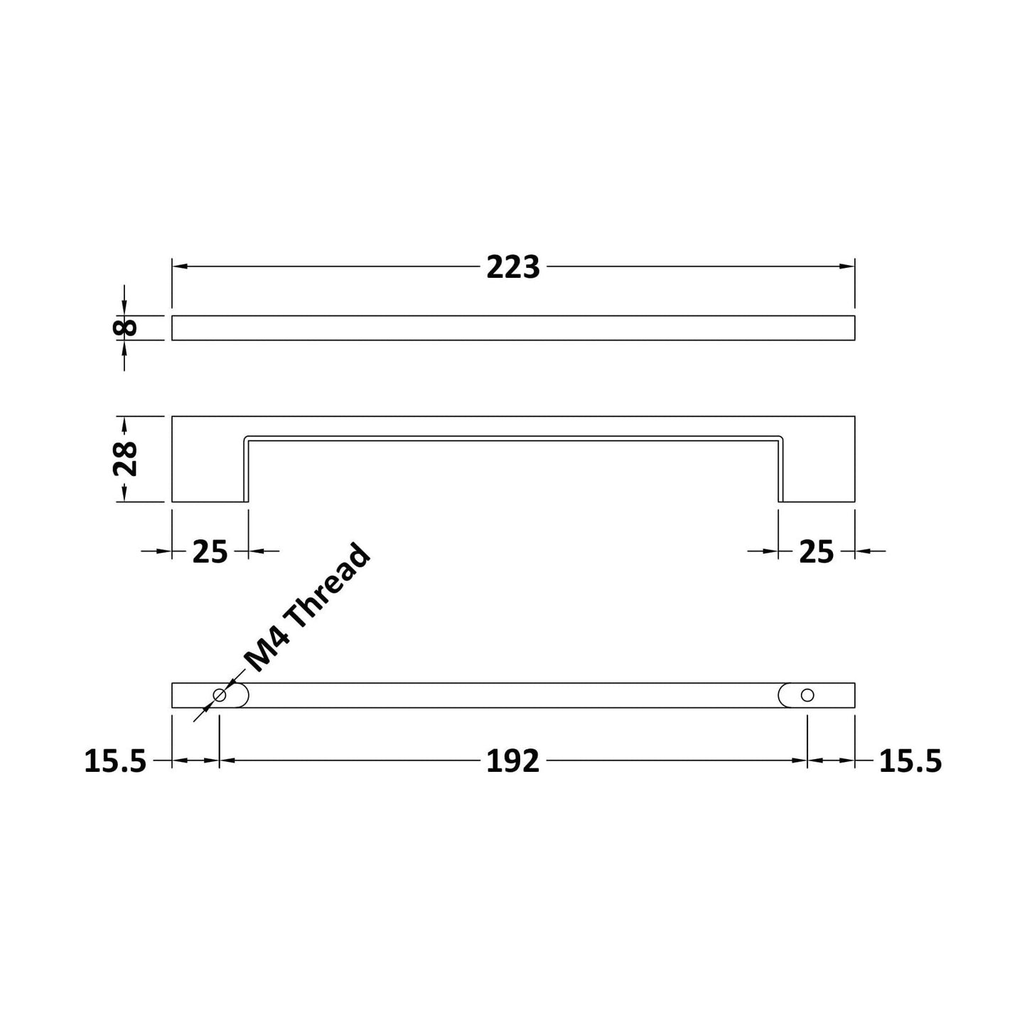 [BFHH018] Furniture Handle Square D Shape Handle, 223mm (192mm Centres) - Matt Black - Technical Drawing