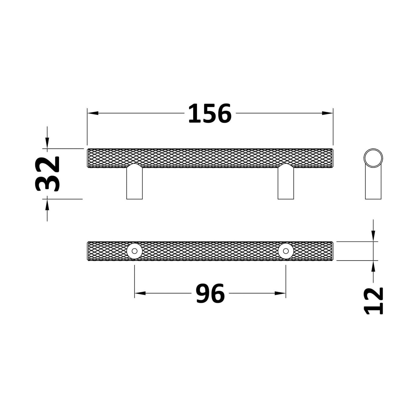 [BFHH020] Furniture Handle Textured Knurled Bar Handle, 156mm (96mm Centres) - Matt Black - Technical Drawing