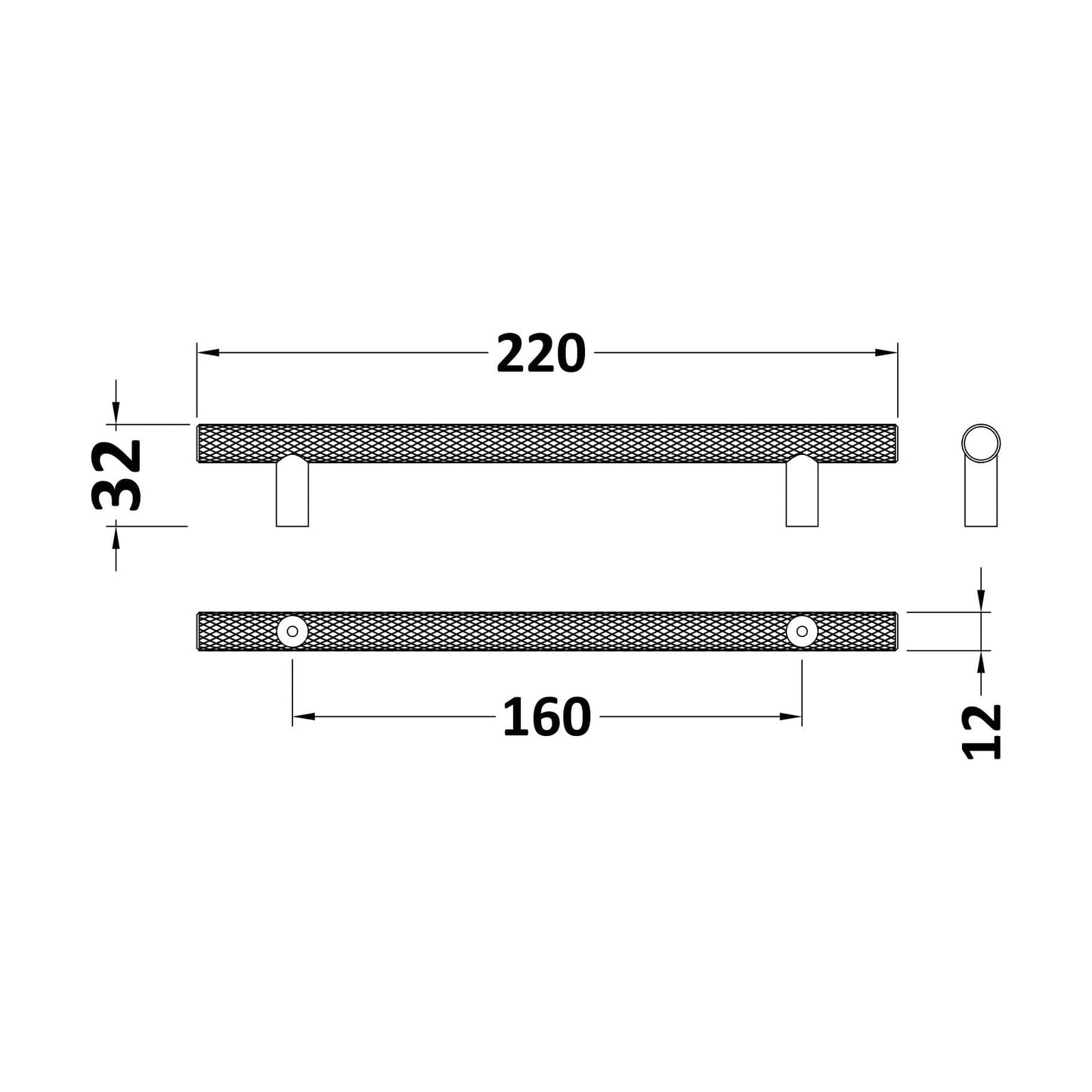 [BFHH021] Furniture Handle Textured Knurled Bar Handle, 220mm (160mm Centres) - Matt Black - Technical Drawing