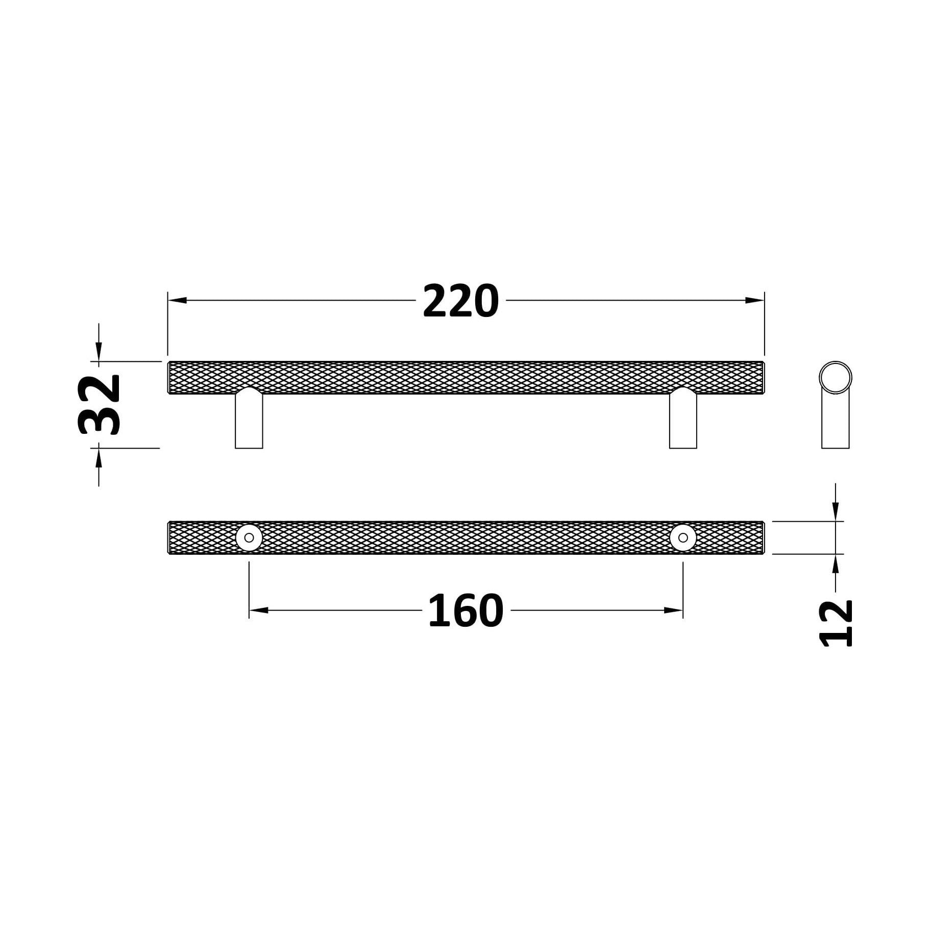 [BFHH021] Furniture Handle Textured Knurled Bar Handle, 220mm (160mm Centres) - Matt Black - Technical Drawing