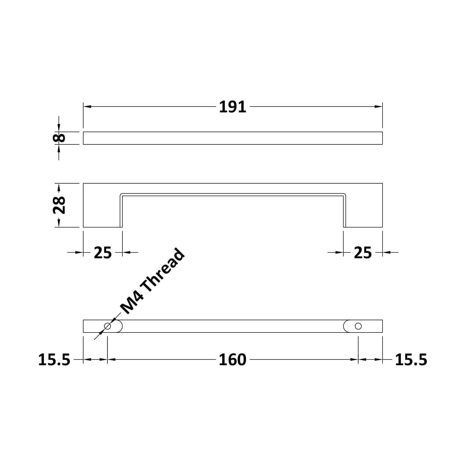 [BFHH028] Furniture Handle Square D Shape Handle, 191mm (160mm Centres) - Matt Black - Technical Drawing