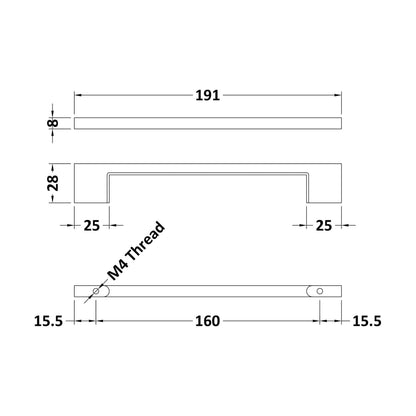 [BFHH028] Furniture Handle Square D Shape Handle, 191mm (160mm Centres) - Matt Black - Technical Drawing