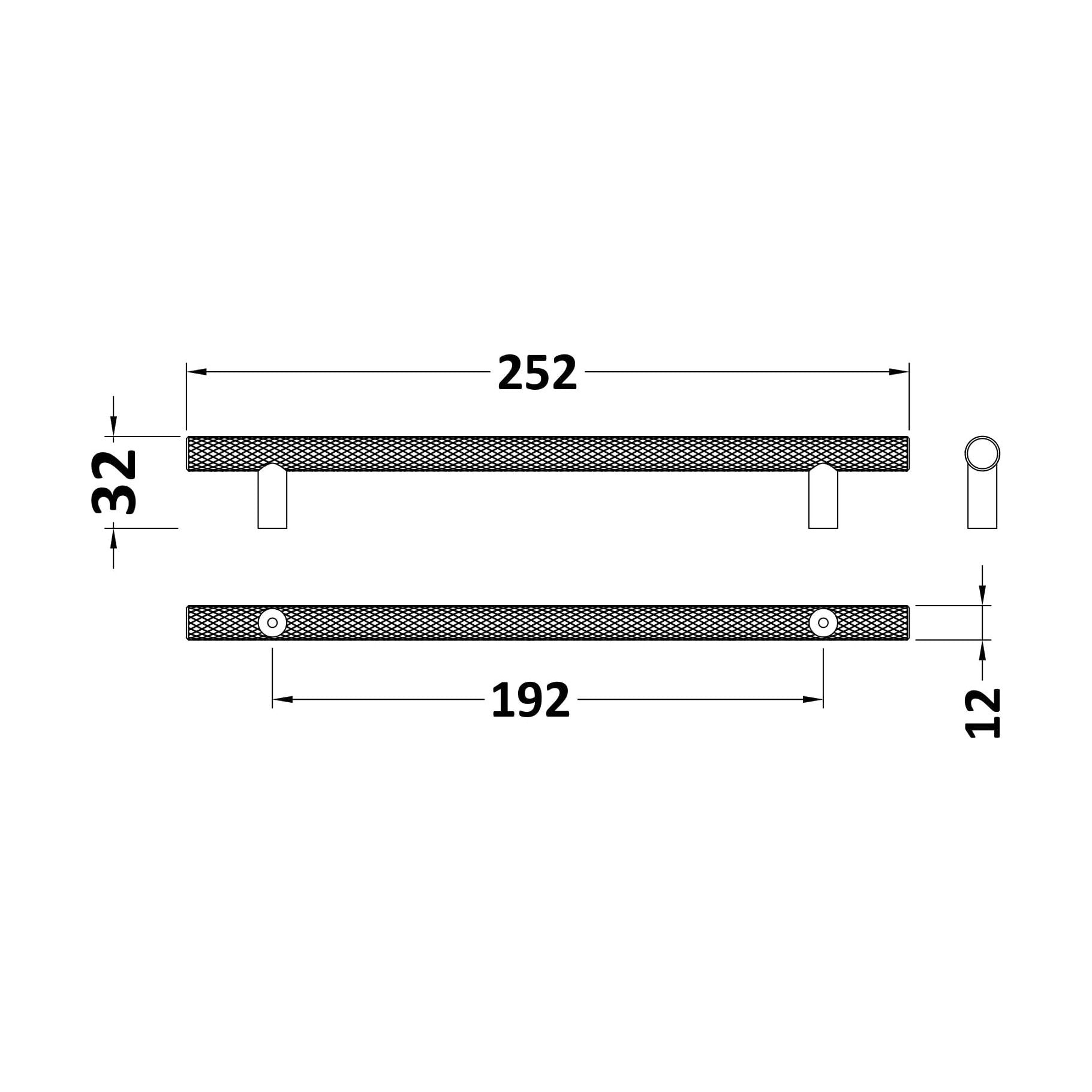 [BFHH032] Furniture Handle Textured Knurled Bar Handle, 252mm (192mm Centres) - Brushed Brass - Technical Drawing