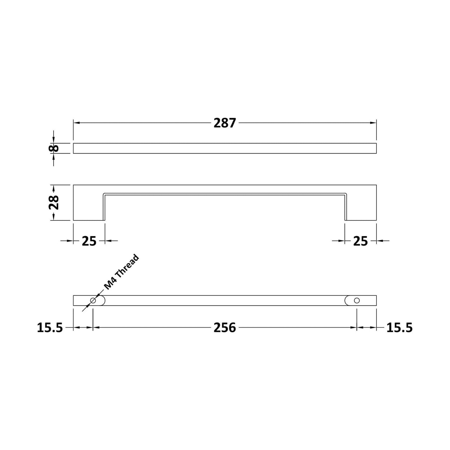 [BFHH036] Furniture Handle Thin D Shape Handle, 287mm (256mm Centres) - Chrome - Technical Drawing