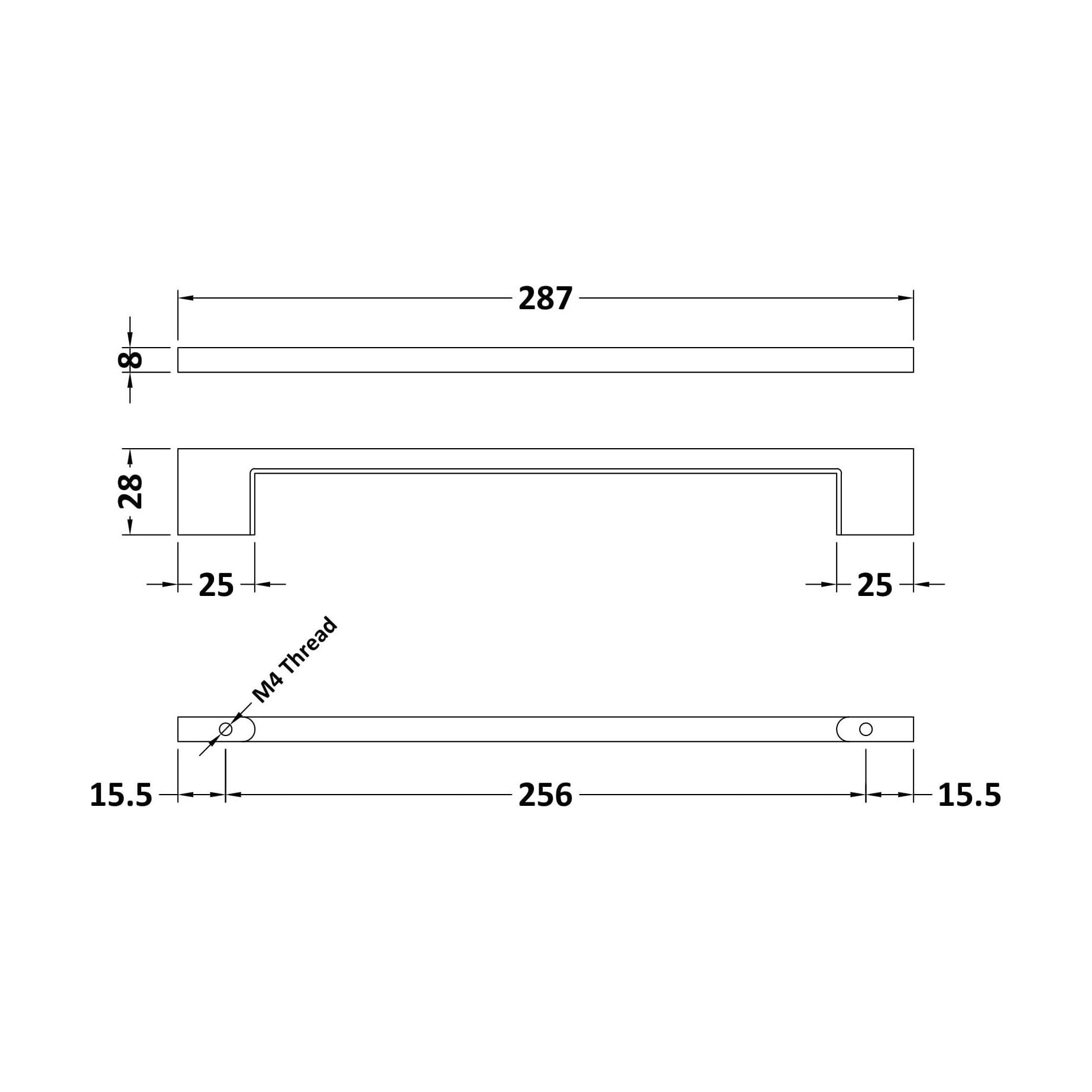 [BFHH036] Furniture Handle Thin D Shape Handle, 287mm (256mm Centres) - Chrome - Technical Drawing
