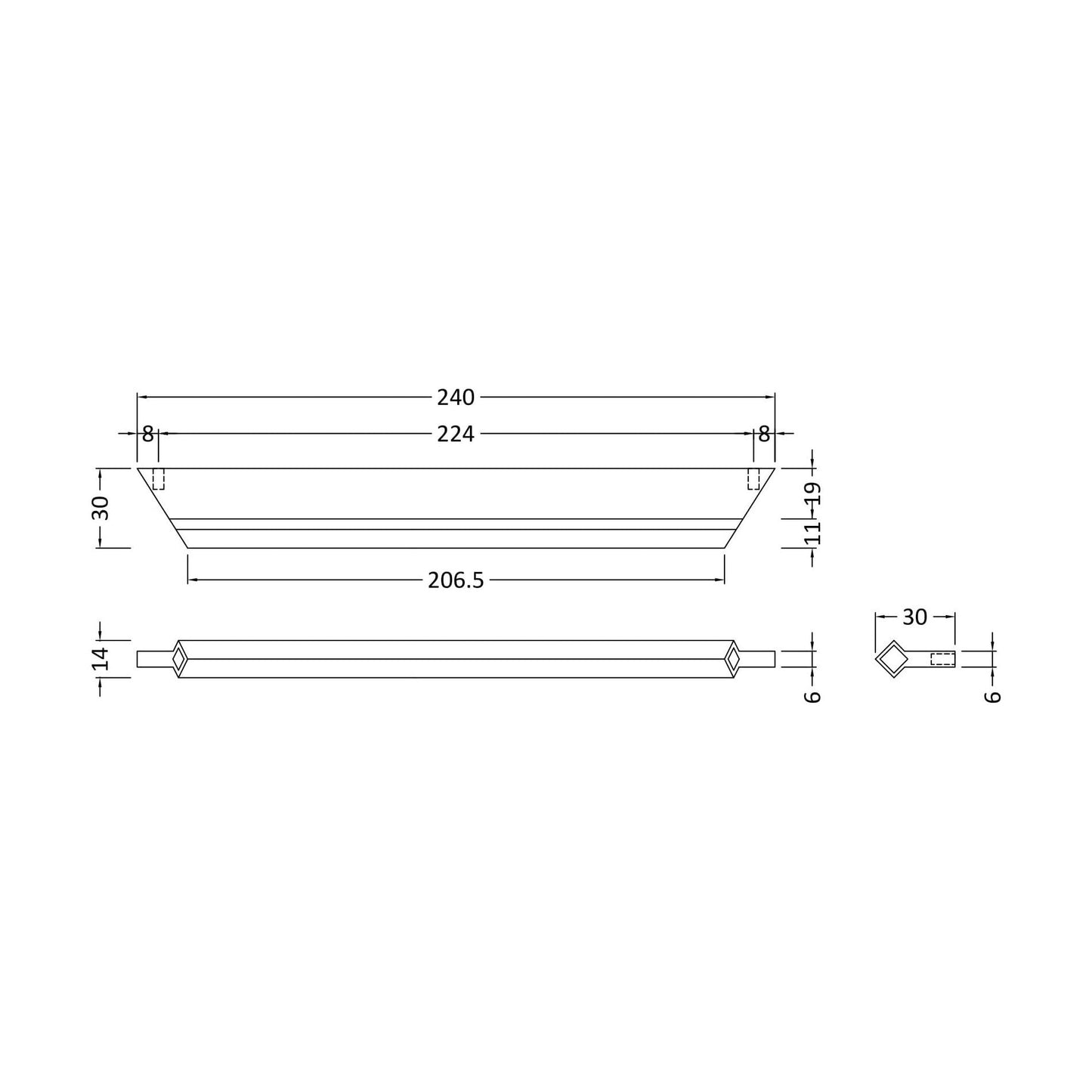 [BFHH102] Profile Handle, 240mm (224mm Centres) - Chrome - Technical Drawing