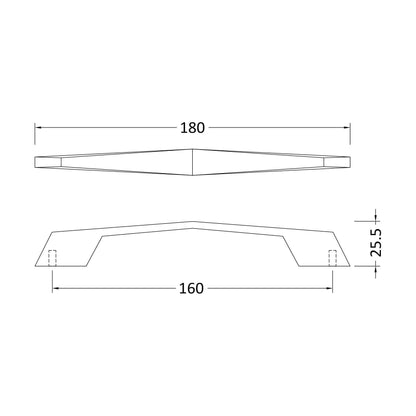 [BFHH103] Furniture Handle Angular D Shape Handle, 180mm (160mm Centres) - Chrome - Technical Drawing