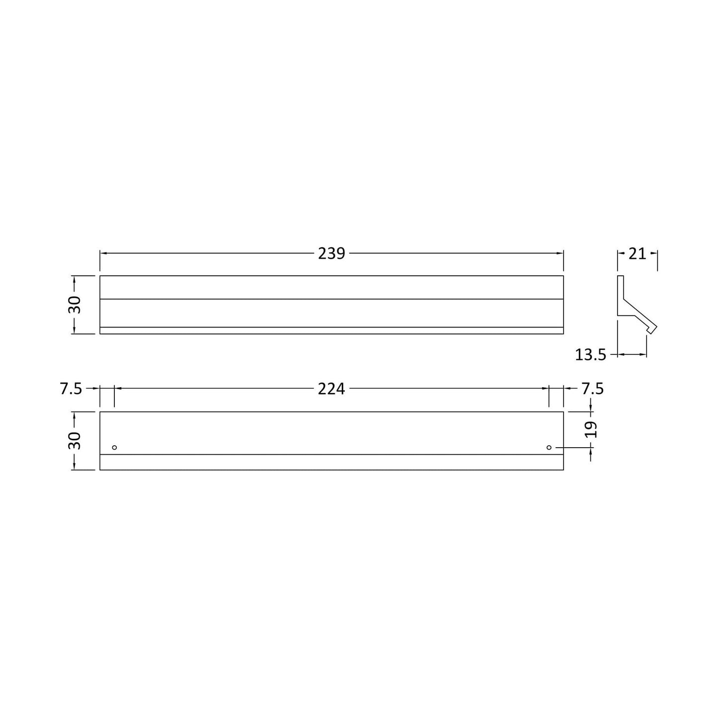 [BFHH108] Finger Pull Handle, 239mm (224mm Centres) - Chrome - Technical Drawing