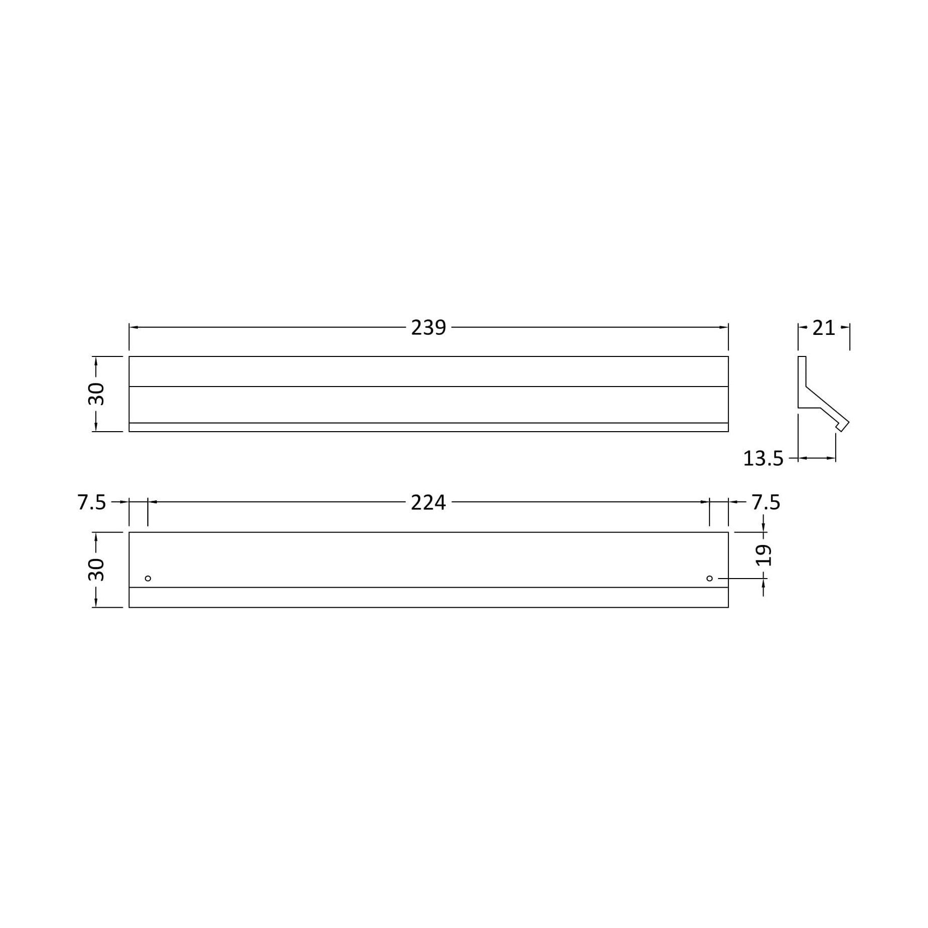 [BFHH108] Finger Pull Handle, 239mm (224mm Centres) - Chrome - Technical Drawing