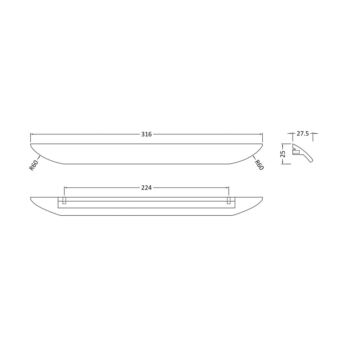 [BFHH110] Finger Pull Handle, 316mm (224mm Centres) - Chrome - Technical Drawing