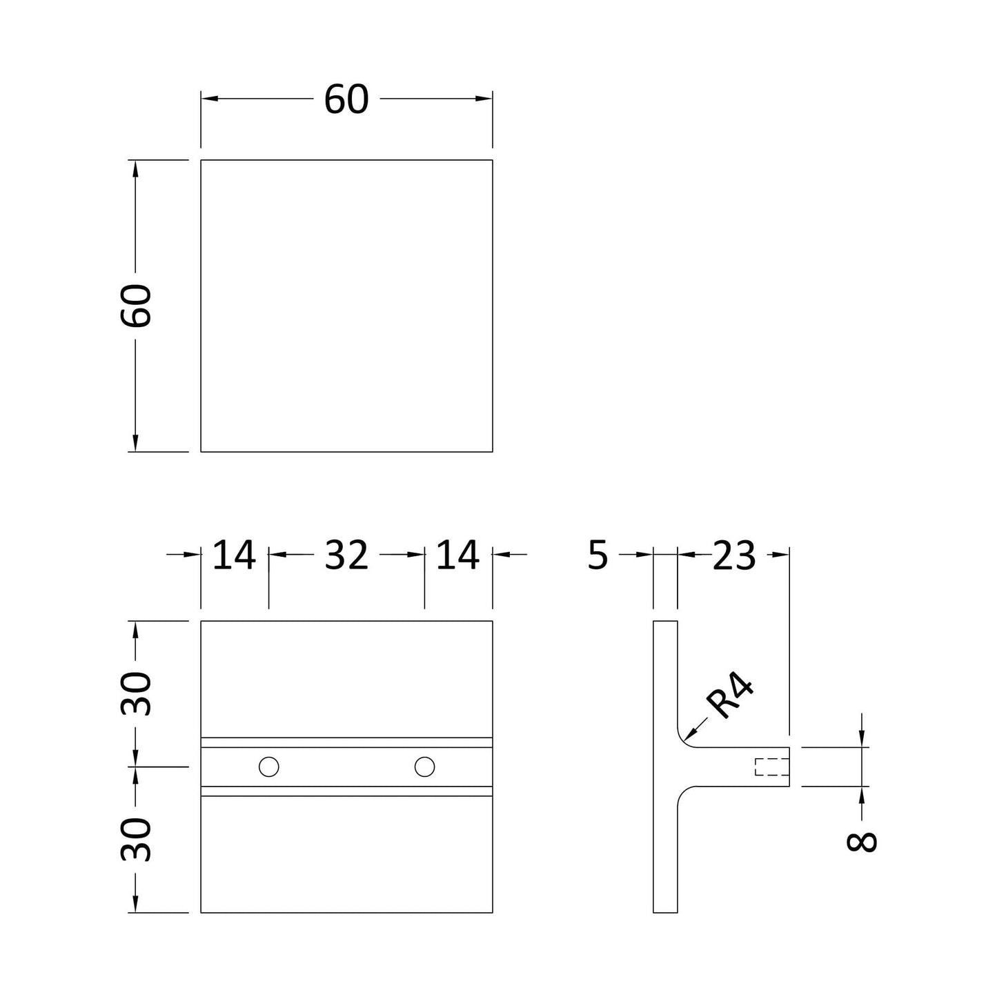 [BFHH111] Square Knob, 60mm (32mm Centres) - Chrome - Technical Drawing