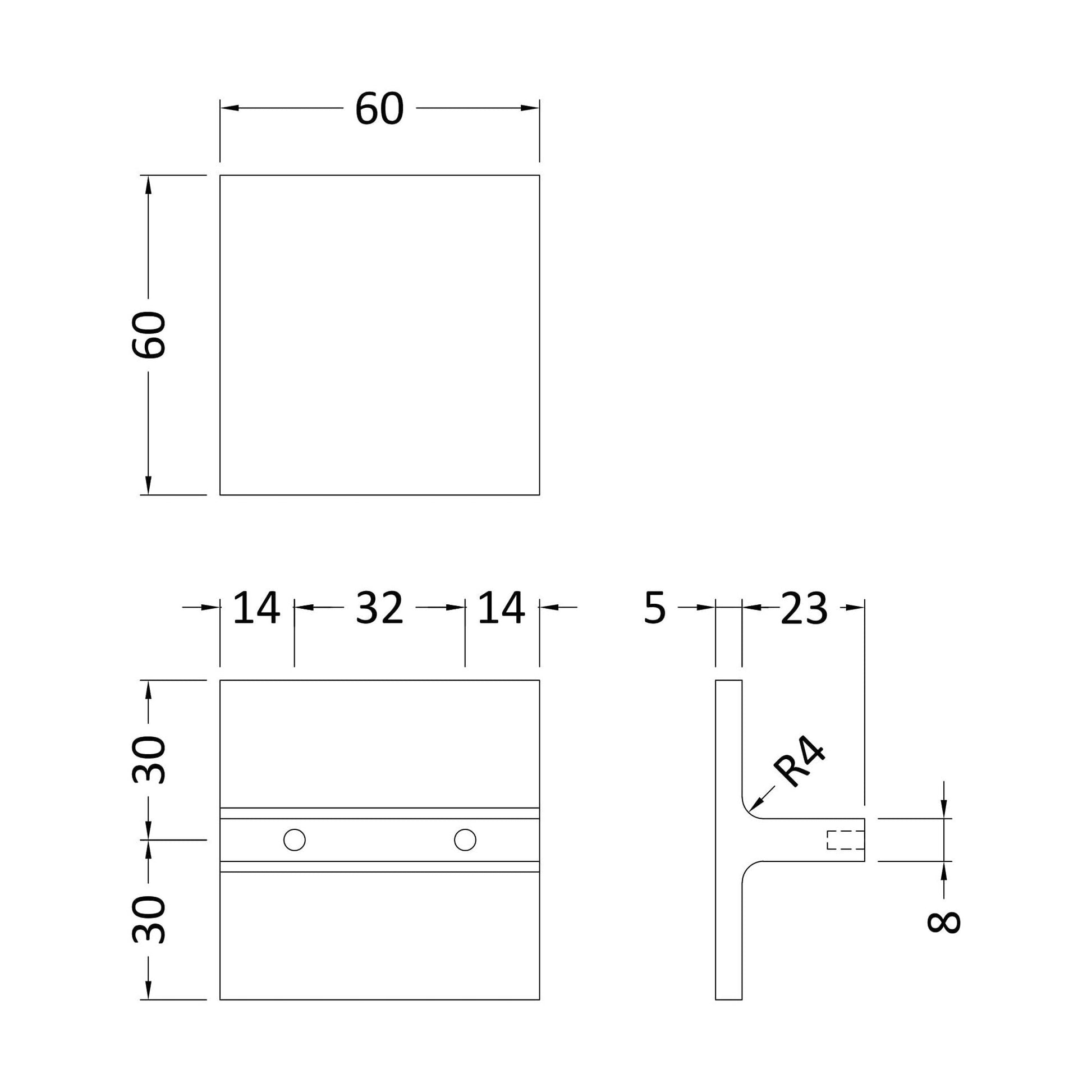 [BFHH111] Square Knob, 60mm (32mm Centres) - Chrome - Technical Drawing