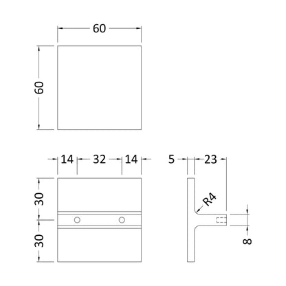 [BFHH111] Square Knob, 60mm (32mm Centres) - Chrome - Technical Drawing