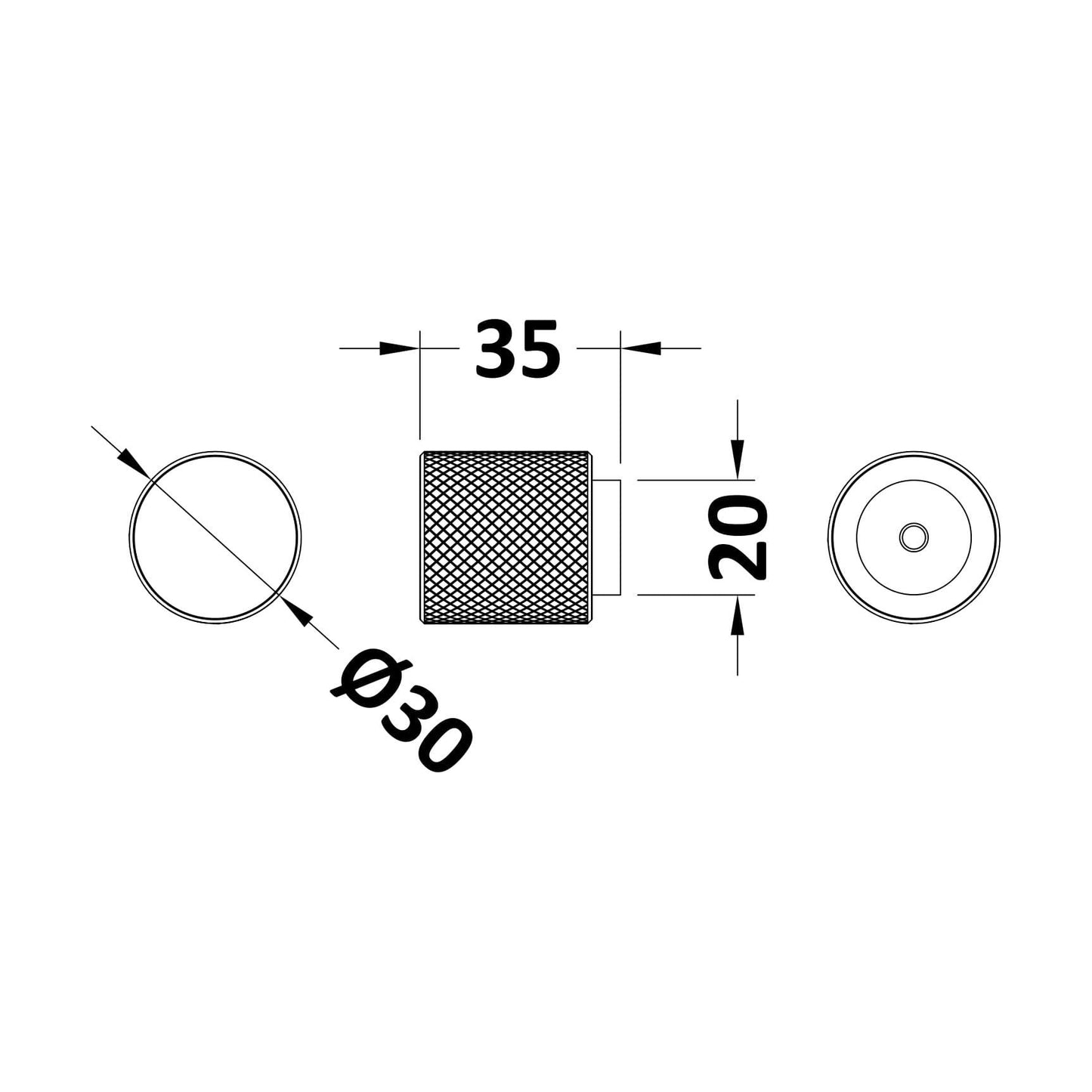 [BFHH114] Knurled Indented Round Knob, 30mm - Satin Nickel - Technical Drawing