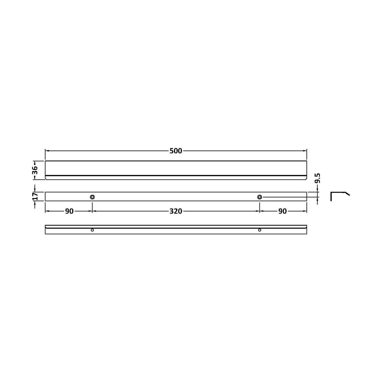 [BFHH126] Finger Pull Handle, 500mm (320mm Centres) - Chrome - Technical Drawing
