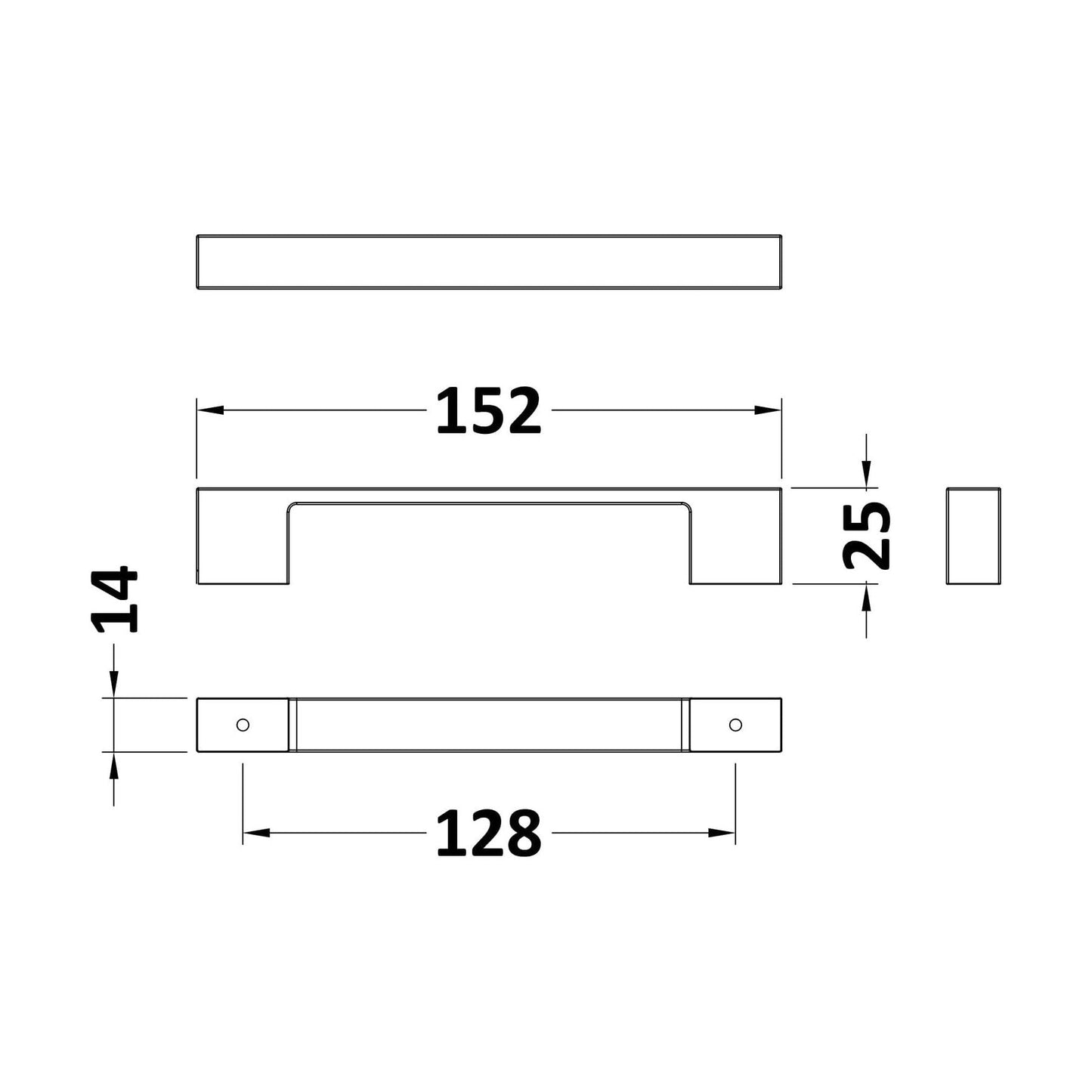 [BFHH181] D Shape Square Handle, 152mm (128mm Centres) - Chrome - Technical Drawing