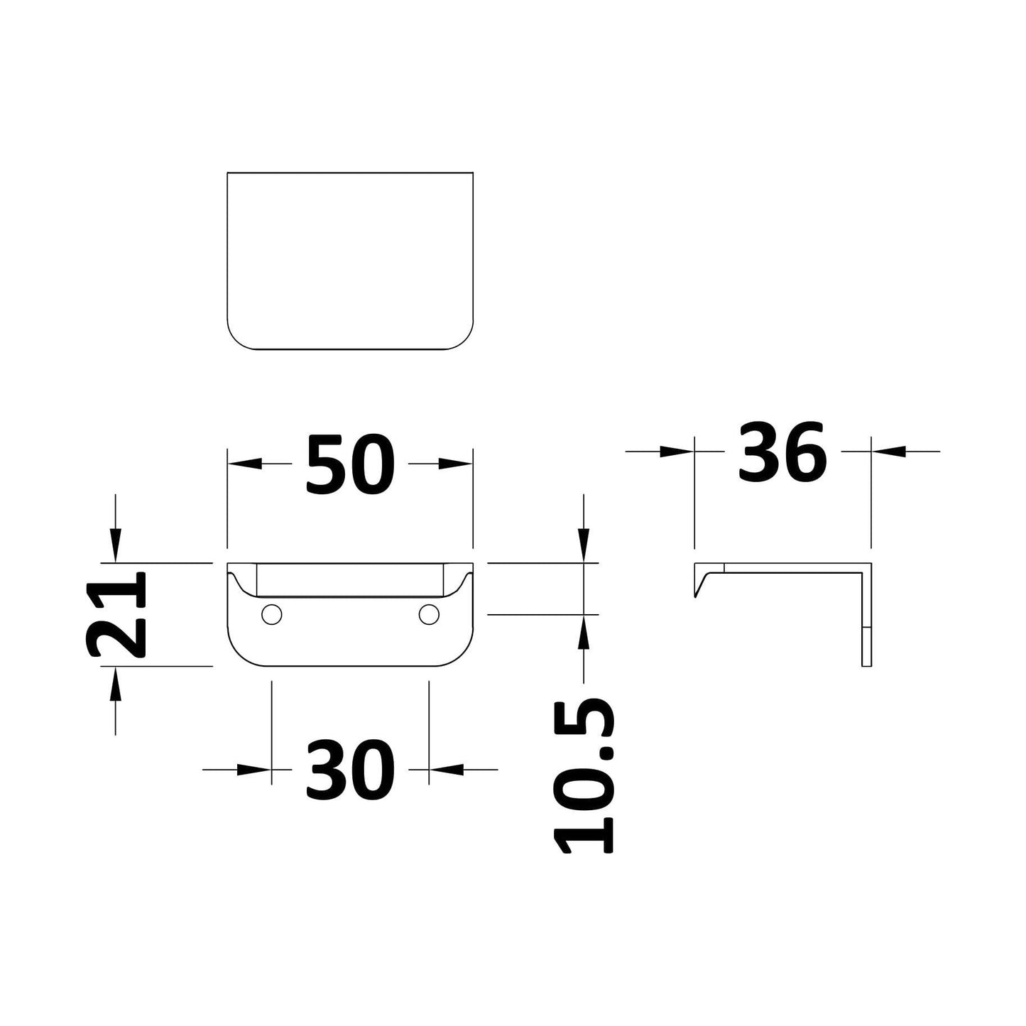 [BFHH186] Small Rear Fixed Handle, 50mm (30mm Centres) - Satin Chrome - Technical Drawing