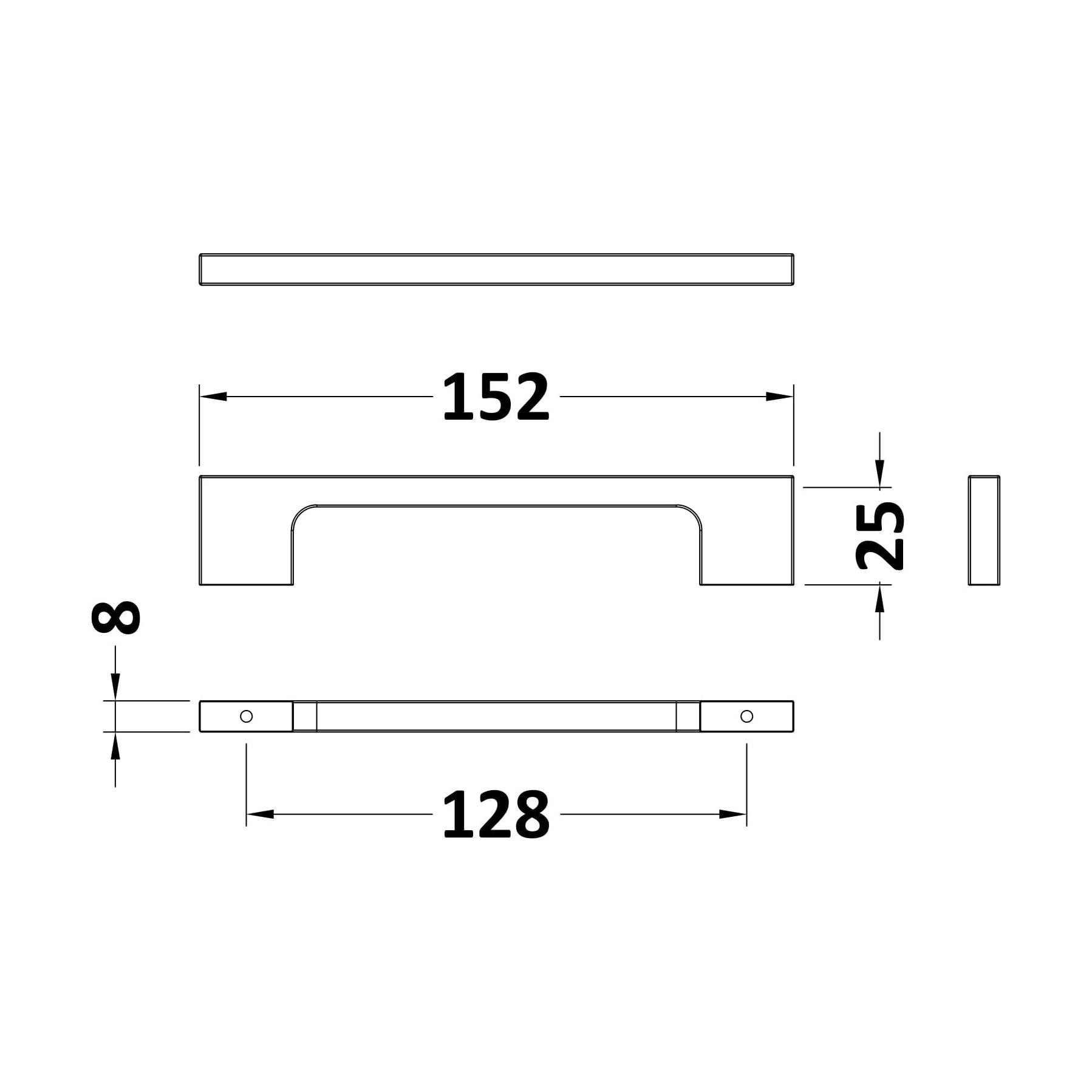 [BFHH189] Furniture Handle Slimline Square D Shape Handle, 152mm (128mm Centres) - Matt Black - Technical Drawing
