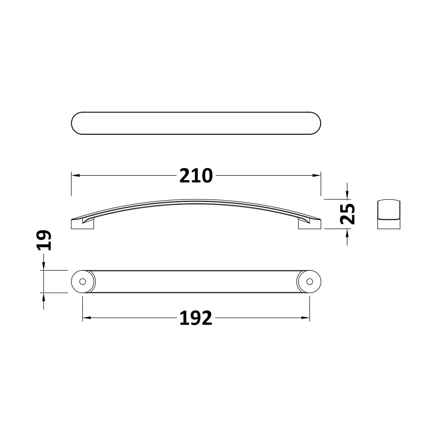[BFHH190] Furniture Handle Round D Shape Handle, 210mm (192mm Centres) - Matt Black - Technical Drawing