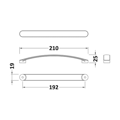 [BFHH190] Furniture Handle Round D Shape Handle, 210mm (192mm Centres) - Matt Black - Technical Drawing