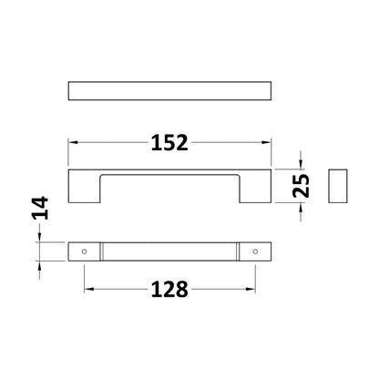 [BFHH195] Furniture Handle Square D Shape Handle, 152mm (128mm Centres) - Brushed Brass - Technical Drawing