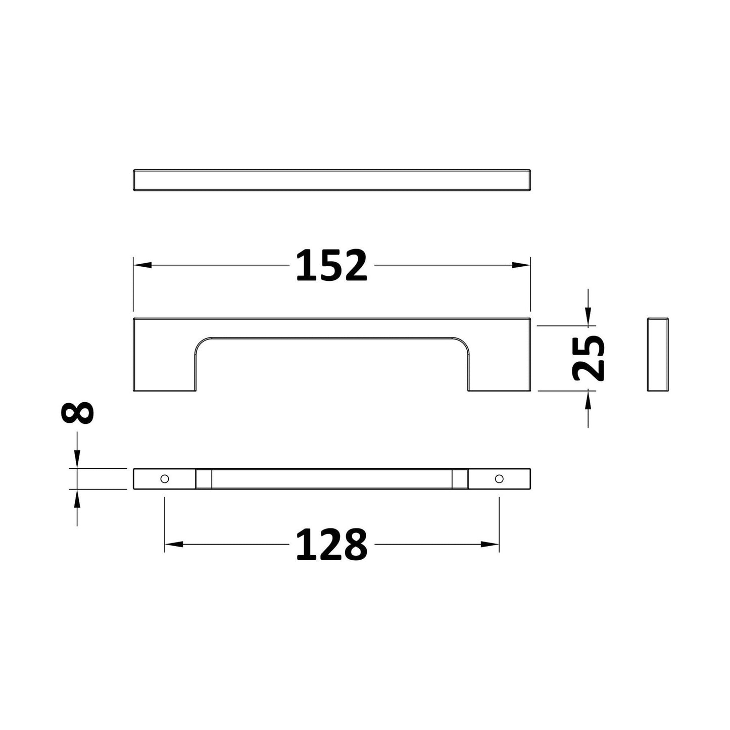 [BFHH196] Furniture Handle Slimline Square D Shape Handle, 152mm (128mm Centres) - Brushed Brass - Technical Drawing
